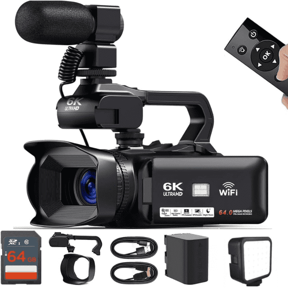 Acuvar 6K Camcorder Video Camera – 64MP 60FPS Vlogging Camera for YouTube, WiFi, LED Light, Mic, 64GB SD Card – Live Stream Webcam