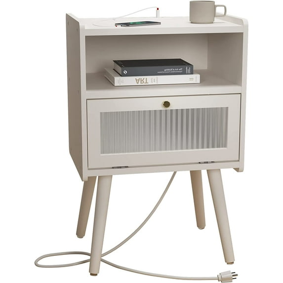 ZXNYH Mid Century Modern Nightstand with Charging Station, Bedside Tables with Glass Drawer, End Table Side Table with 2 Tiers Storage Space, for Bedroom, Living Room, Black