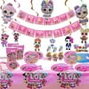 82pcs LOL Dolls Birthday Party Supplies Pack set Includes Banner,Hanging Swirl,invitation,goodie bags,Tablecover,Plates,foil Balloons,cupcake toppers,For surprise dolls Party Decoration