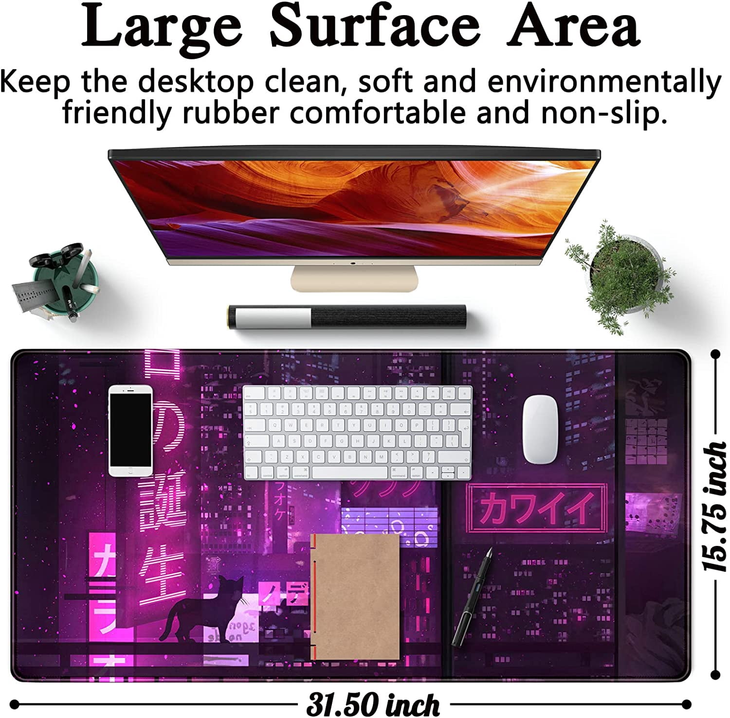 Purple Gaming Mousepad Japanese Desk Mat XXL Extended Anime Cool Large Mouse Pad Keyboard Mouse Mat Desk Pad for Computer Laptop Gamers 31.5''''X15.7'''' Non-Slip Rubber Base with Stitched Edges