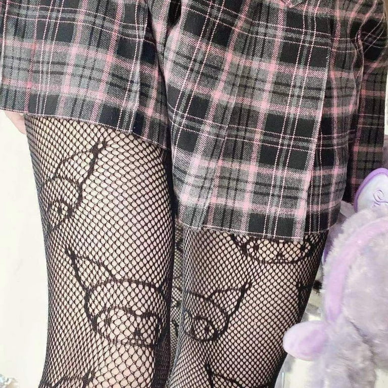 Kawaii Sanrio Anime Cartoon Kuromi Hello Kitty Women Ky Silk Stockings  Devil Tights Gothic Hollow Fishnet Breathable Stockings 