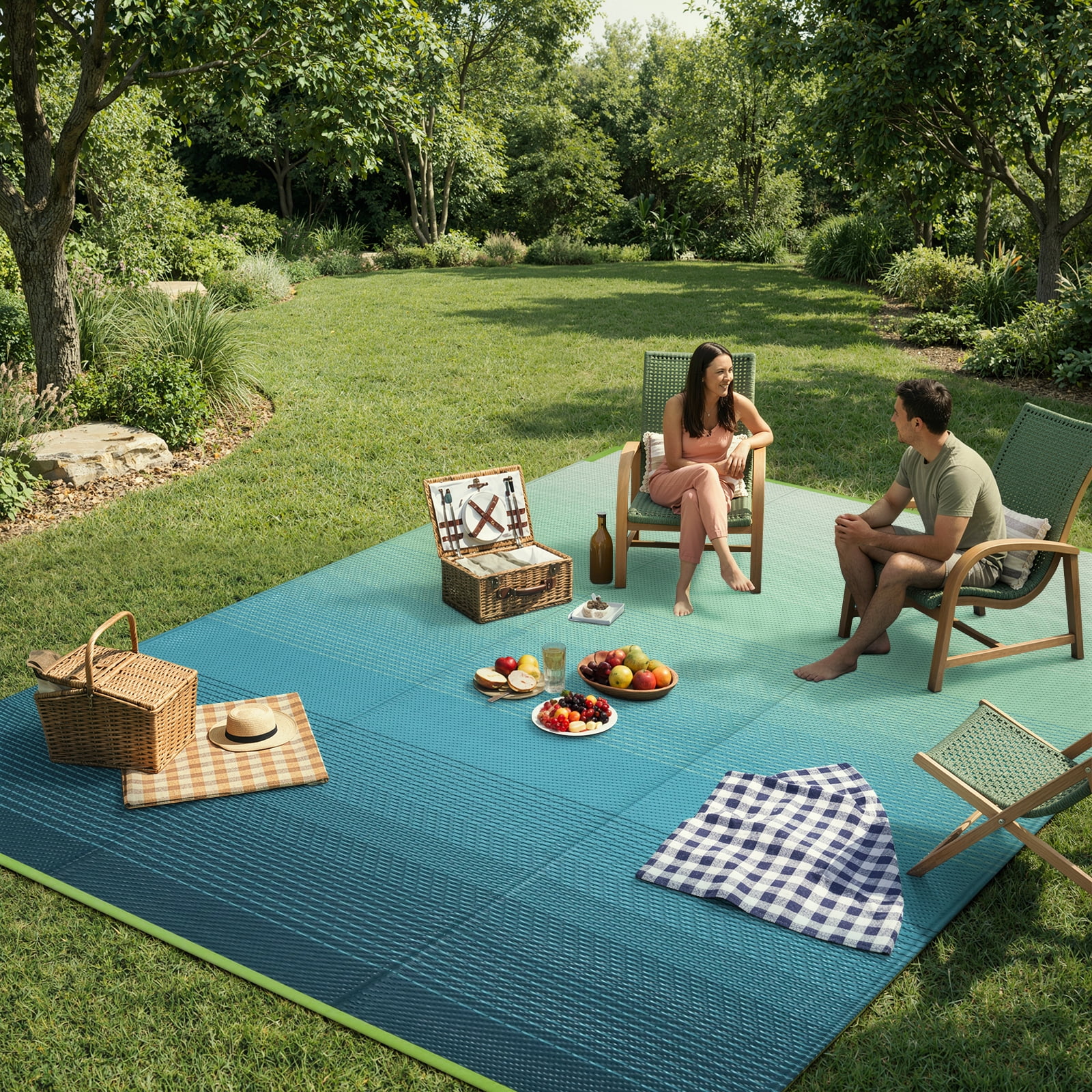 SUNDEREY Outdoor Rug 9'x12', Waterproof Reversible Plastic Straw Mat for Patio, RV & Camping - Lightweight Carpet for Deck, Balcony & Backyard, Teal