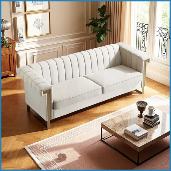 Modern Cream Velvet 3-Seat Sofa with Gold Accents – Channel-Tufted for Living Room & Office | Velvet | Cream | Light Luxury