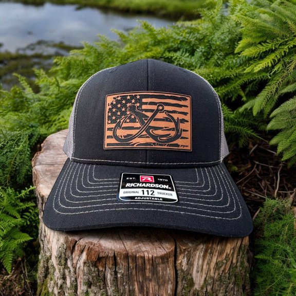 American Flag Hunting Fishing Leather Patch Hat | Custom Trucker Hat | Gift For Dad or Husband | Richardson 112 or Flexfit Hat Leather Patch Trucker Hat