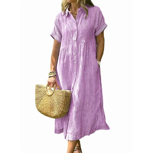 Vestido camisero chouyatou para mujer, de verano, a rayas, color morado