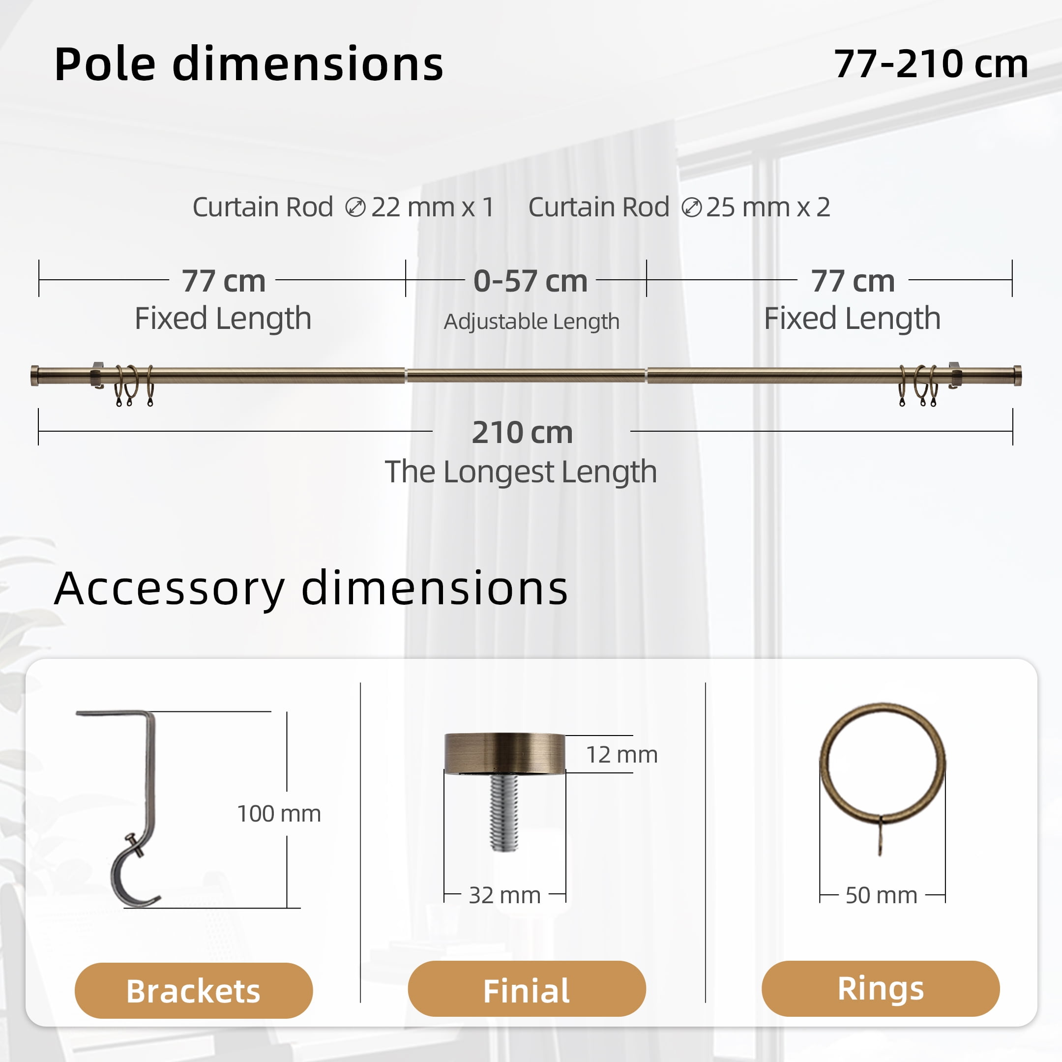 Coquilles Modern  1 Inch Antique Brass Cap Finial Adjustable Single Curtain Rods 48-86 Inches