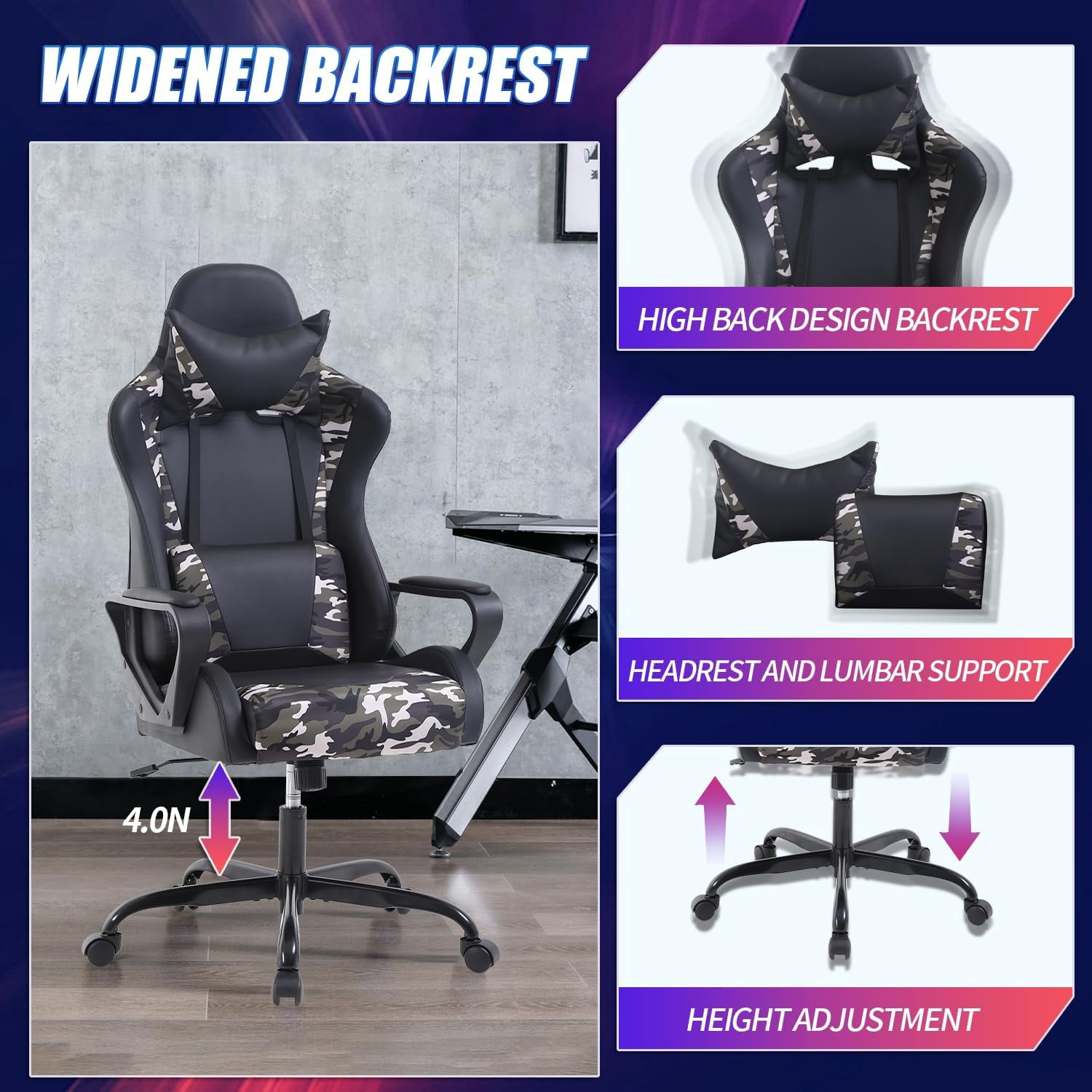 BIQWBIC Gaming Chair, High-Back Office Chair, Ergonomic Video Game Chairs with Adjustable Seat, Lumbar Support, Armrest, Headrest, Camo