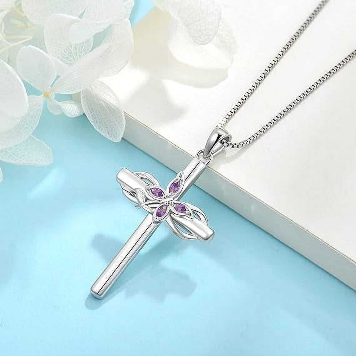 Inpasne Cross Necklace for Women 925 Sterling Silver Infinity Butterfly Amethyst Necklace February Birthstone Jewelry Gifts for Women Her Mom Wife Girlfriend Daughter