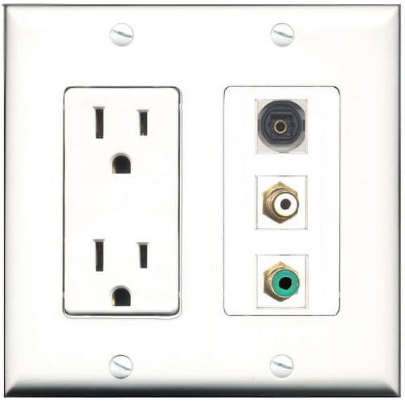 RiteAV - 15 Amp Power Outlet 1 Port RCA White 1 Port RCA Green 1 Port Toslink Decorative Wall Plate