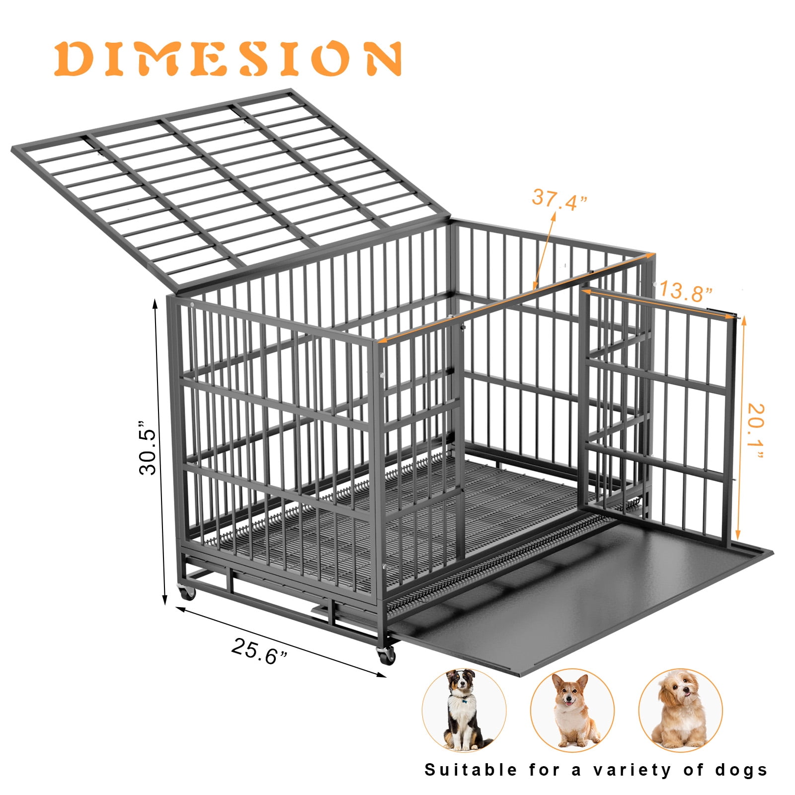Waleaf 38 Inch Heavy Duty Dog Crate Cage with Wheels for Indoor, Large Dog Kennel with Removable Tray