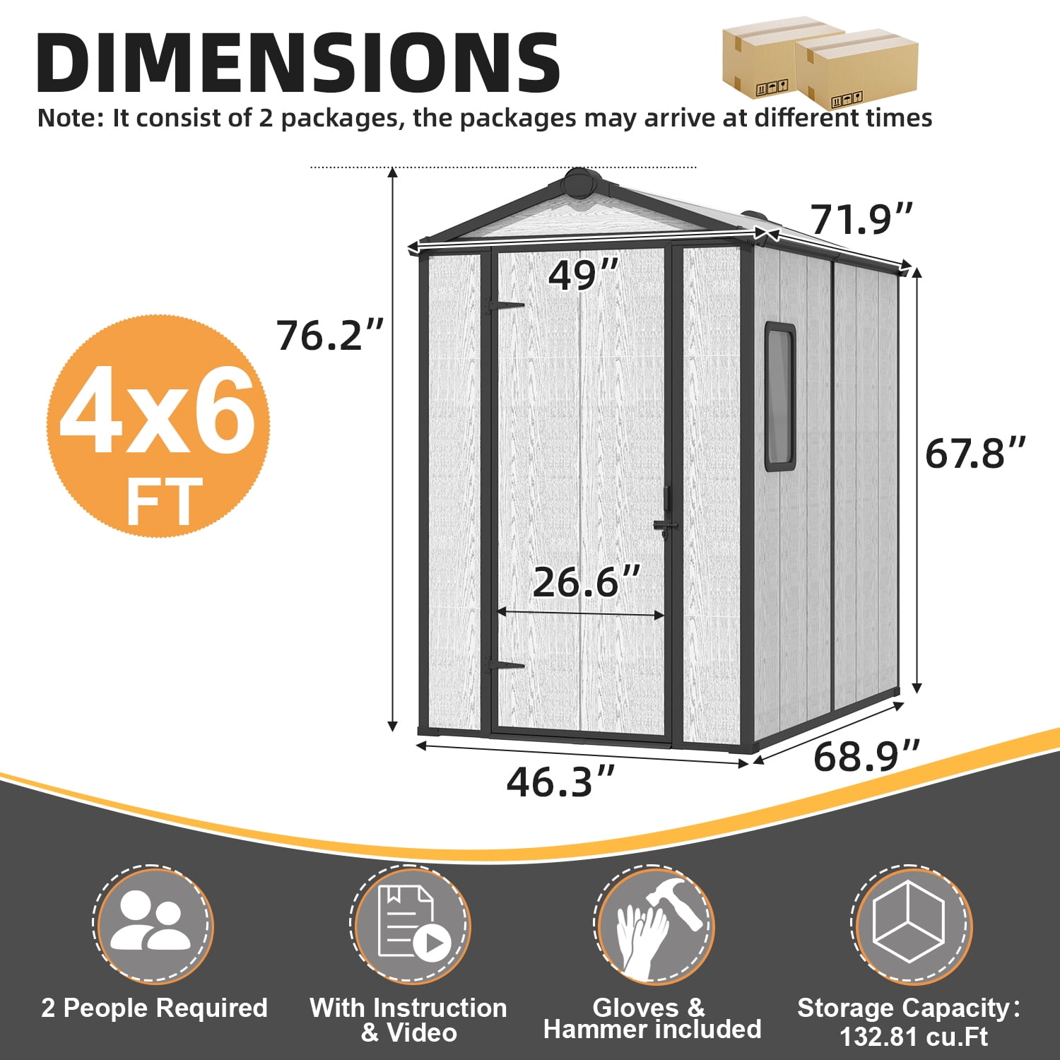 MELLCOM 4 x 6 FT Resin Outdoor Storage Shed with Floor, Resin Outdoor Storage Tool Shed with Windows and Lockable Door, Garden Shed for Lawnmower, Bike, Pool Supply