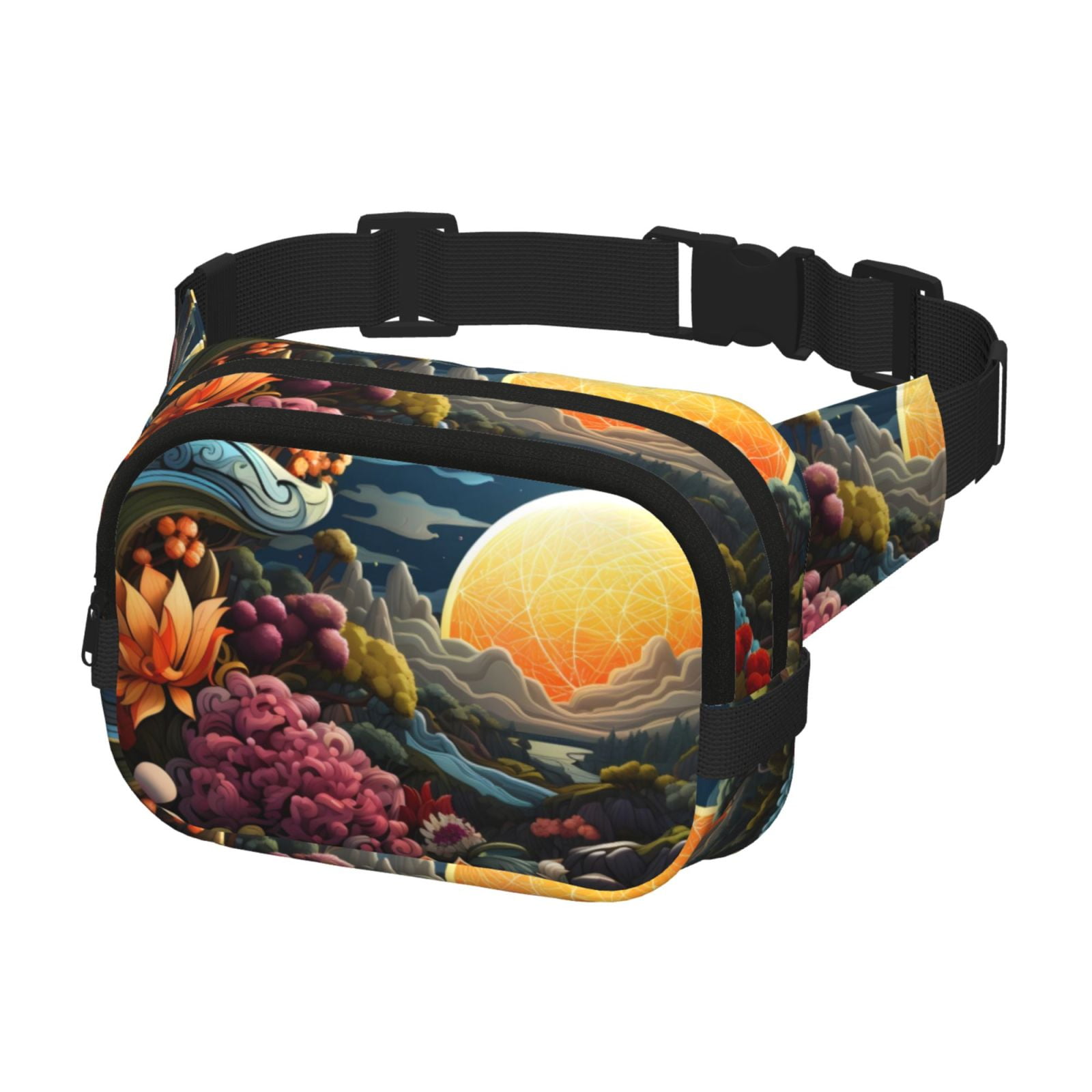 Picia Sunset Floral Fantasy Landscape Print Square Double-Layer Waist Bag Mini Adjustable Waist Belt Bag Exercise Running Travel Hiking