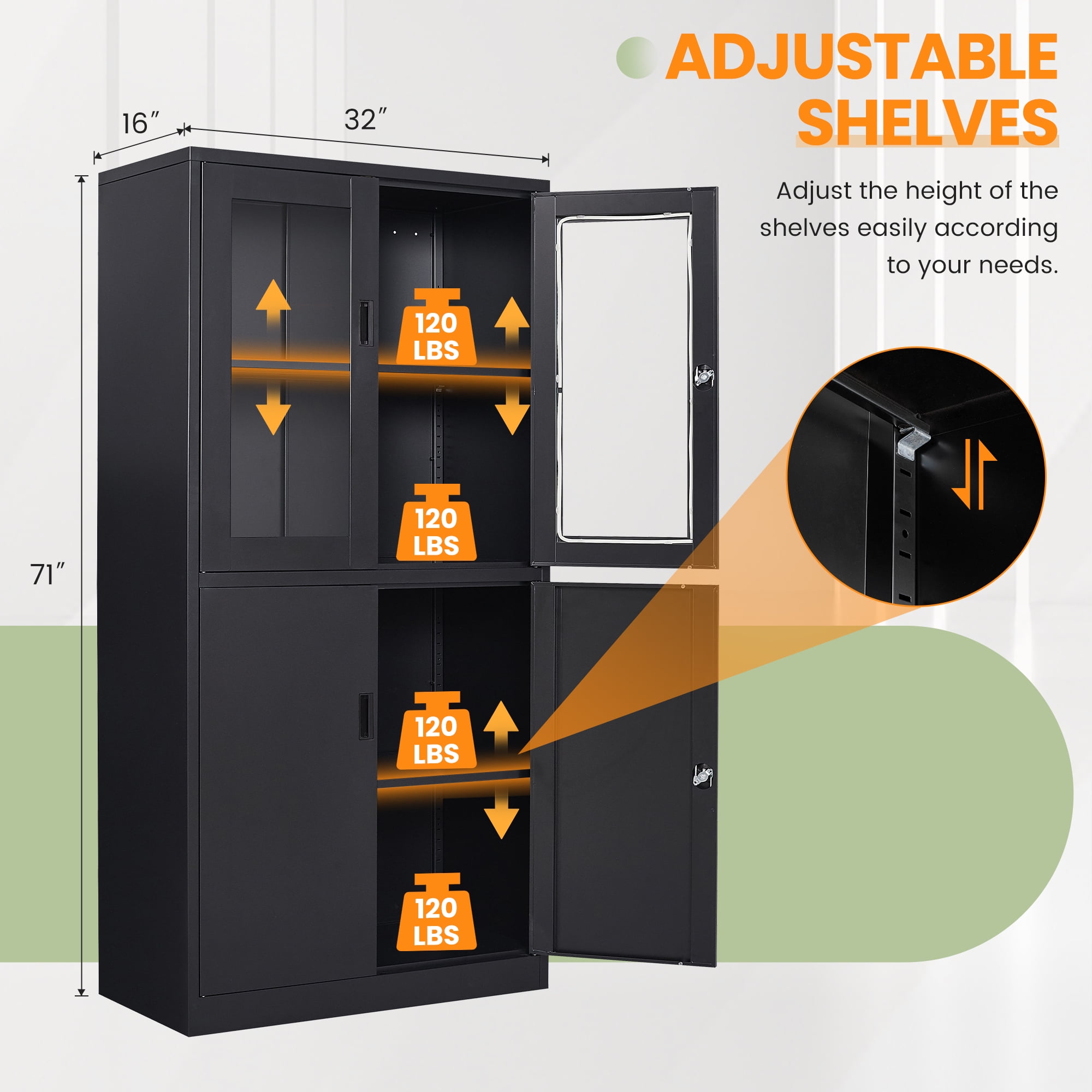 STANI Heavy Duty Metal Cabinet with Lock, Tall Office Storage Cabinet with Glass Door, Lockable Black Steel Cabinet with 2 Adjustable Shelves for Home, Clinic, Pantry, Basement