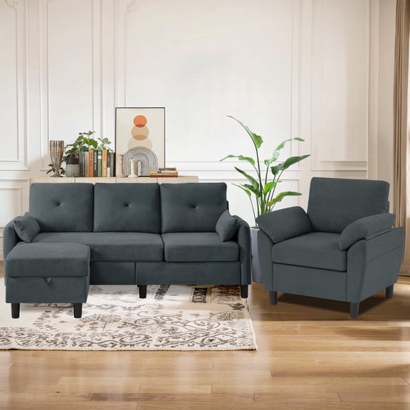 Soscana Living Room Furniture Set,Convertible Sectional Sofa with Storage Ottoman and Accent Chair,Modern Linen 4 Seat L Shape Couch Sofa Set with Side Pocket for Living Room,Office,Apartment,Studio