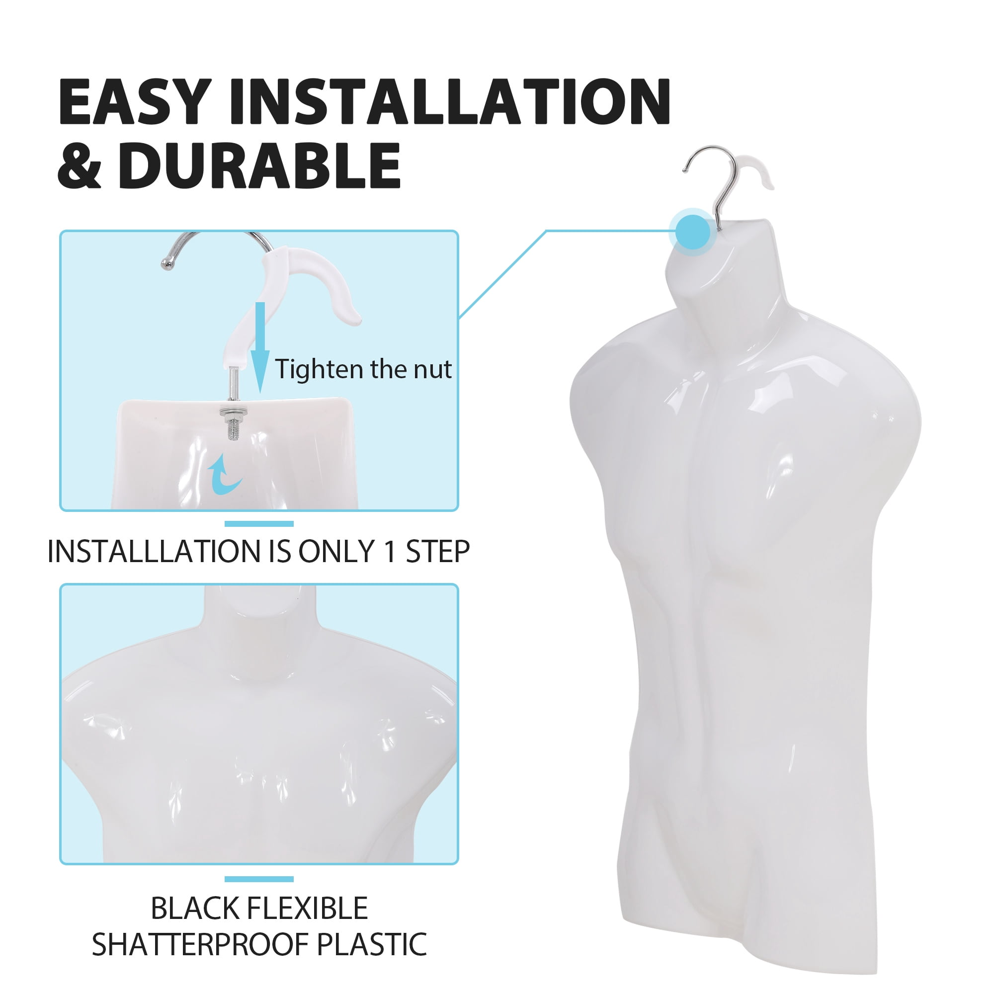 YRLLENSDAN 4PCS Male Mannequin Torso Dress Form Sewing Manikin 30 Inch Height Dress Model Mannequin Display Head Dress Mannequin Clothing Form Metal Hook (30in, White)