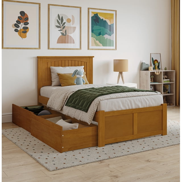 Nantucket Lit Plateforme en Bois Simple avec Pied de Lit et Tiroirs en Toffee Clair