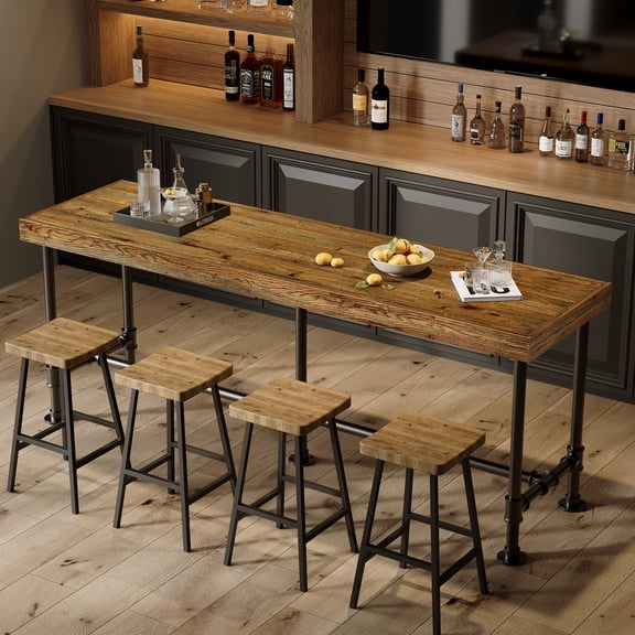 Finmind 70.9" Solid Wood Bar Table for 6–8, Industrial Counter Height Pub Table with Metal Footrest, Rustic Brown