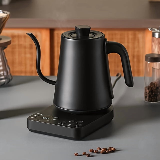 1pc Electric Kettles, Gooseneck Electric Kettle with ±1℉ Temperature Control, featuring a sleek black design with a 0.65mm gooseneck spout for precise water flow. Made of 304 stainless steel for quick heating and pure water quality, it has a capacity of 500-1000ml and operates at 120V with 1200W power. The intelligent base includes temperature control and a hold function for up to 2 hours, ideal for pour-over coffee and brewing tea. Shown on a countertop with coffee beans and brewing accessories in the background.