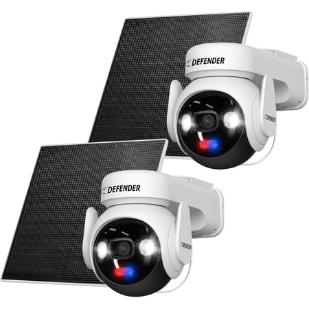 Defender Solar Powered 4K AI Guard Ultra-Charge PTZ Wireless WiFi Security Camera, 2 Pack, 2 x 64GB SD Card, 5W Solar Panel, 10,000 mAH Battery, 24/7 Recording, AI Tracking, Works with Guard App
