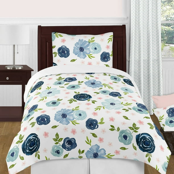 Blue and Pink Floral Twin Bedding Set 4 pieces Blush, Navy, Green