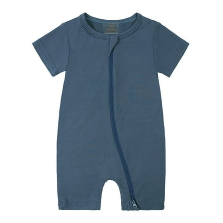 VNKIDY Baby Boys Girls Short Sleeve Zip Up Romper Solid Color Soft Breathable Crewneck One Piece Jumpsuit For Toddler Daily Wear Casual Bodysuit