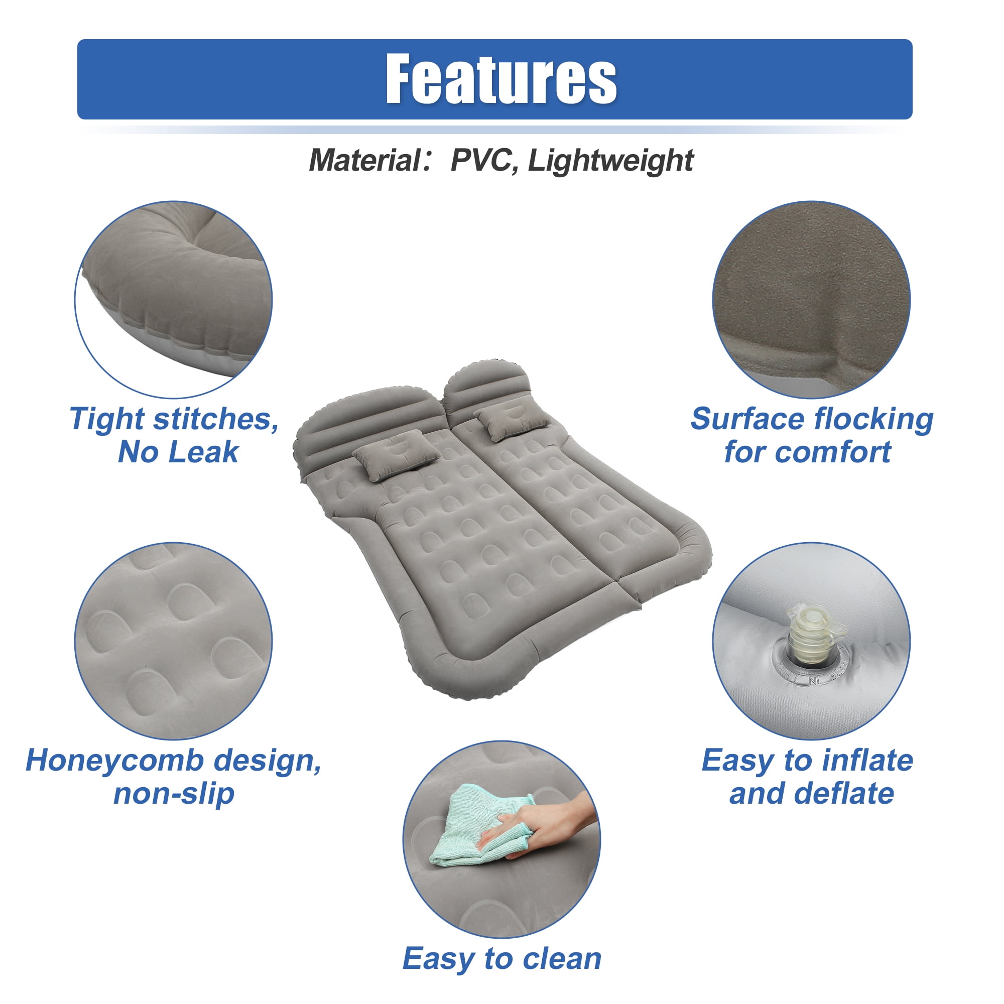 Unique Bargains 1 Set Universal Inflatable Thickened Car Air Mattress Camping Bed Cushion Pillow Flocking Gray
