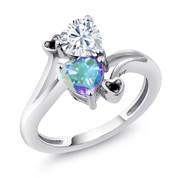 Gem Stone King 925 Sterling Silver White Moissanite Mercury Mist Mystic Topaz and Black Diamond Ring for Women (1.83 Cttw, Heart Shape 6MM, Gemstone Birthstone, Size 5)