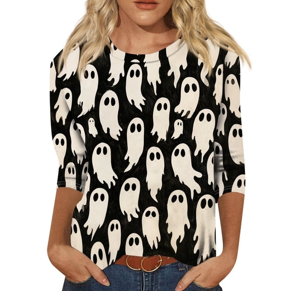 Womens Halloween Holiday Outfit Shirt,Halloween Scary Pumpkin Ghost Print Shirts Halloween Casual 3/4 Sleeve Crew Neck Tops For Women