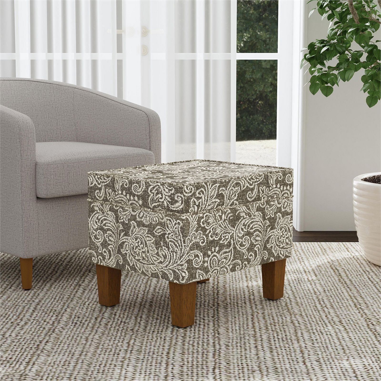 HomePop Medium Storage Ottoman with Hinged Lid, Brown Jacobean Print