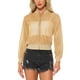 thumbnail image 1 of CHAQUETA BOMBER CHIC INSPIRADA para MUJER, Chaqueta de Malla Transparente con Brillo, Manga Larga, Cierre de Cremallera, Talla XL, Color Caqui, 1 of 5
