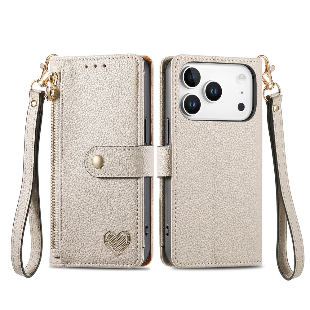For iPhone 17 Pro Max Leather Phone Case Wallet Zipper Pocket Pouch Folio Flip Cover Kickstand, Multi Anti-theft Card Holder Cash Slot, Double Magnetic Buckle, Wrist Lanyard,Gray