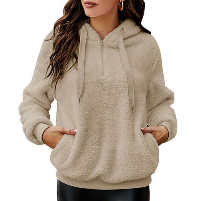 Jersey de mujer Sudadera con capucha de lana para mujer, bolsillos sólidos, manga larga, cálida y difusa, sudadera, jerseys, Otoño Invierno, abrigos casuales 1 1