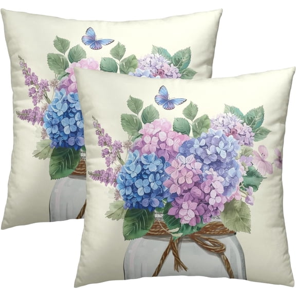Hydrangea Flower Throw Pillow Cover Set of 2 18x18 Inch Vintage Blue Purple Floral Jar Watercolor Decorative Couch Pillow Cushion Case for Outdoor Patio Living Room Bedroom Decor