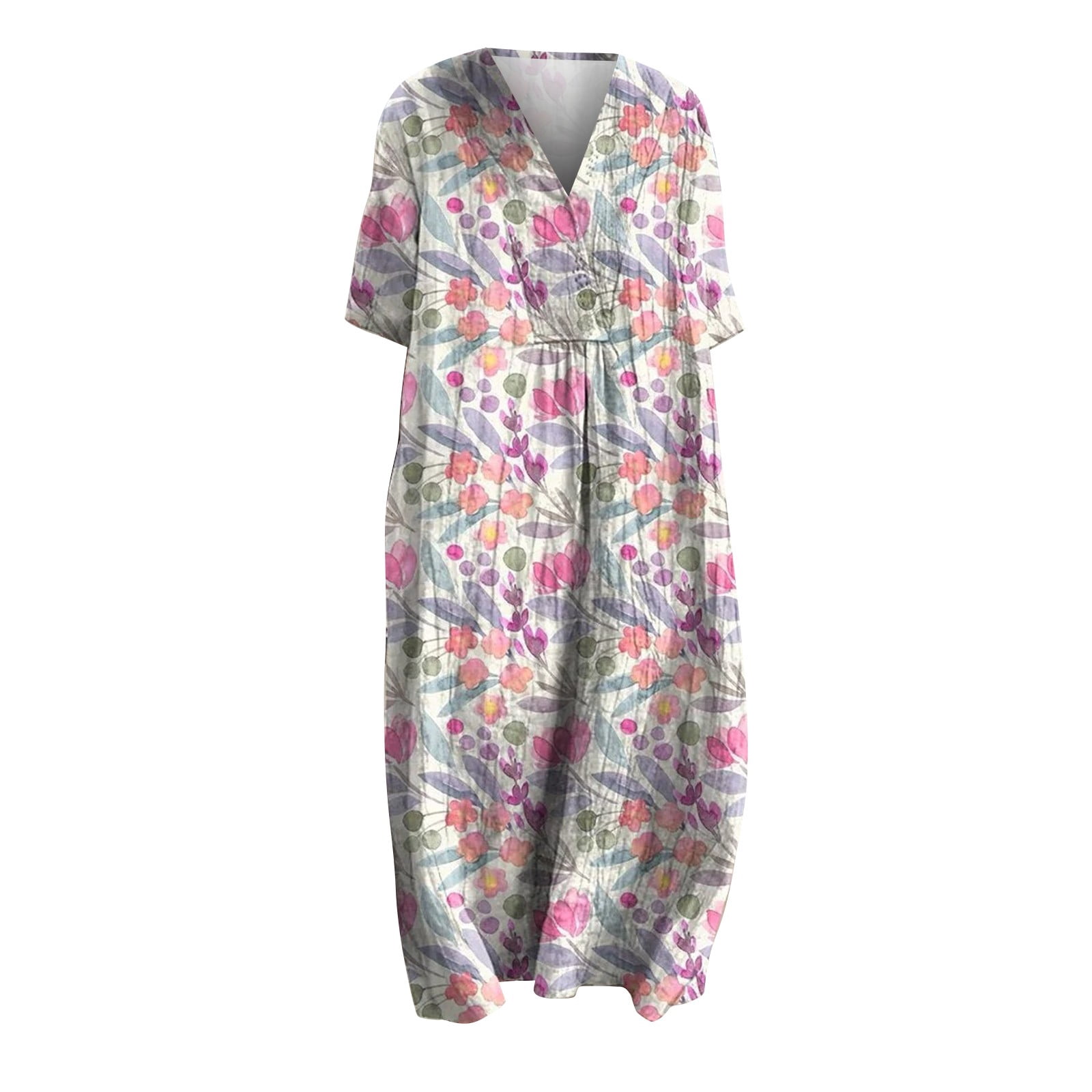 XVJRHAK Women's Vintage Floral Art Print Casual Flowing Dress With Pockets V Neck Dress (Pink,S)