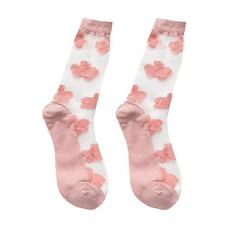 

✪ Korean Female Girls Transparent Glass Fiber Crew Socks Sweet Macaron Candy Color Floral Jacquard Cotton Bottom Summer Mid Tube Hosiery
