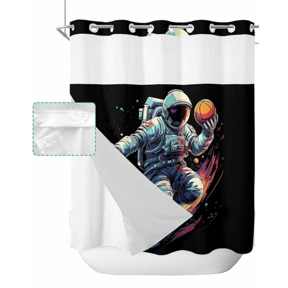No Hook Shower Curtain with Snap in Liner, Sports Theme Astronaut Play Basketball Hotel Shower Curtains for Bathroom, Washable Shower Curtain Liner Set with Mesh Top Window, 66"x72"