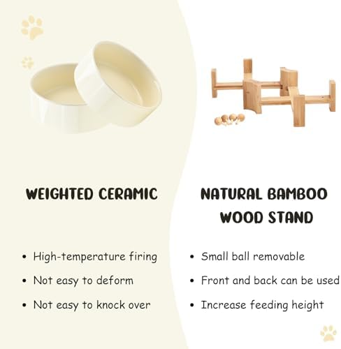 15° Slanted Ceramic Dog and Cat Bowl with Wooden Stand, Tilted Bulldog Food and Water Bowl No Slip Non-Spill for Cats Medium Dogs Big Face Pets 28.7 OZ (3.6 Cups, Beige × 2)