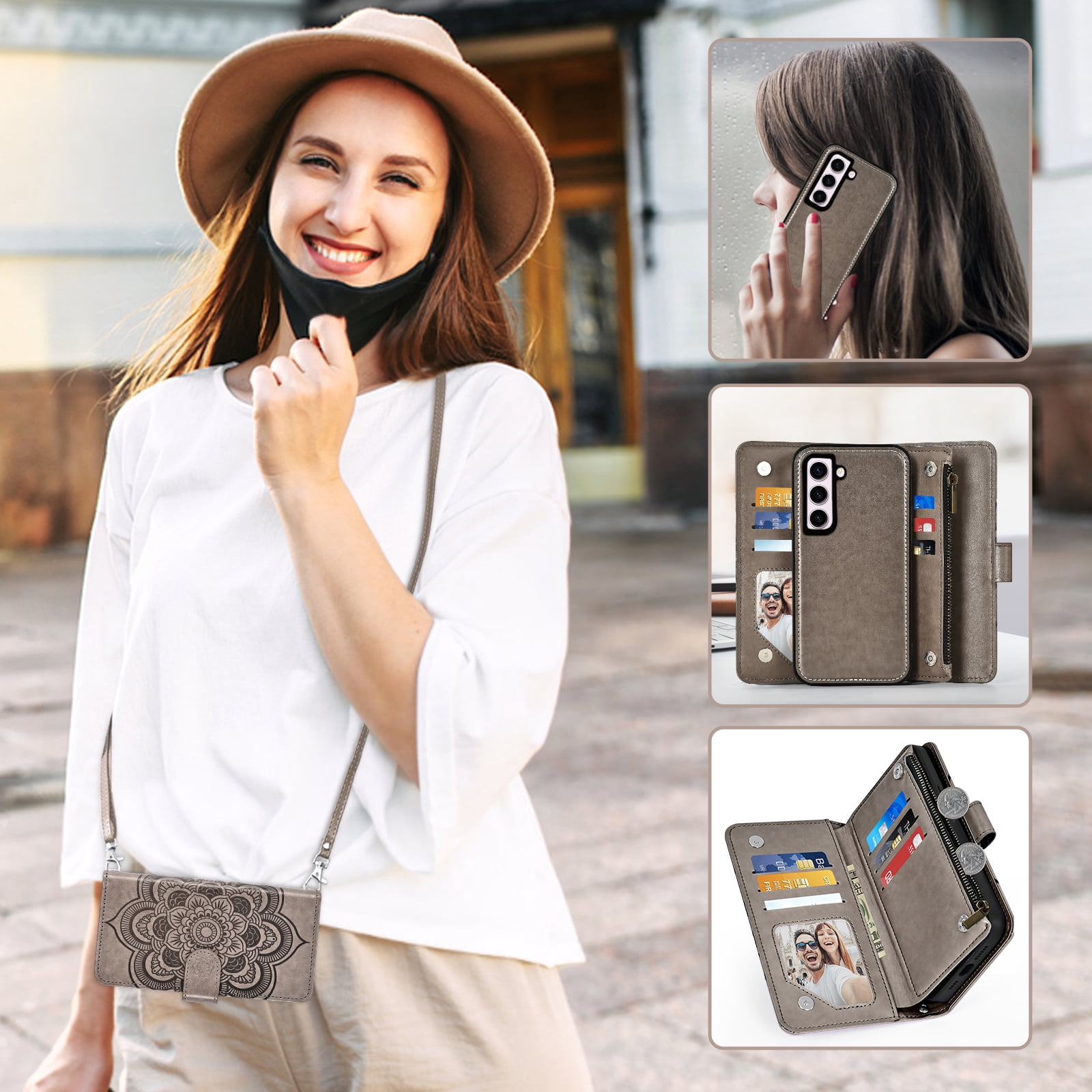 Asuwish Phone Case for Samsung Galaxy S23 5G Zipper Wallet Magnetic Detachable Cell Cover with Tempered Glass Screen Protector Crossbody Strap Flower Card Holder Slot S 23 23S SM-S911U Women Purple