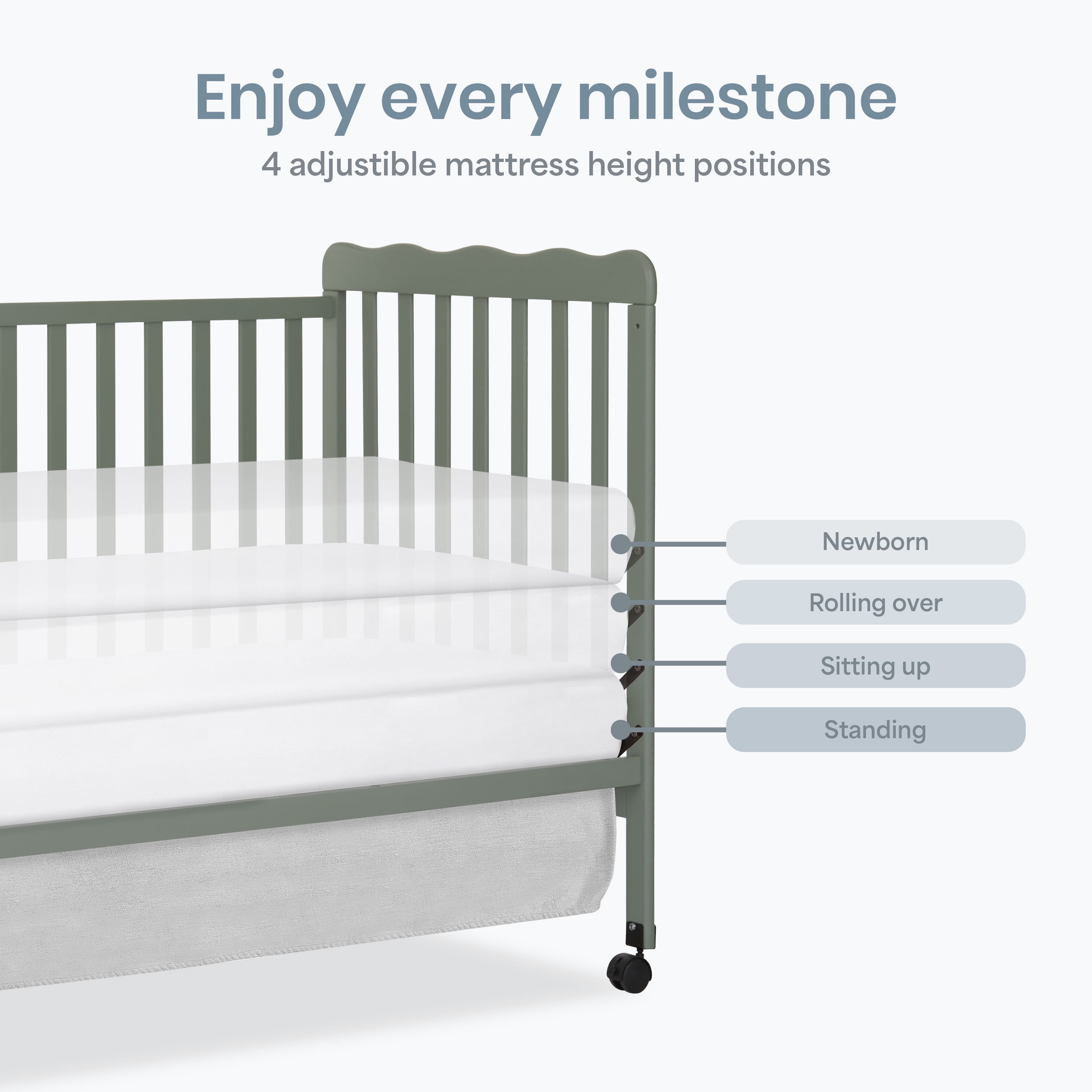 Dream On Me Carson Classic 3-in-1 Portable Crib in Meadow Green, Removable Wheels, Converts from Baby Crib to Toddler Bed, Day Bed and Kids Sofa, Three Adjustable Mattress Height Positions