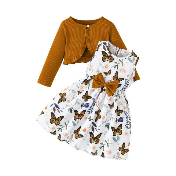 KAUOD Girls Tops Dress Sets 2 Piece Knit Ribbed Short Cardigan and Bow Flower A-Line Smocked Dresses Summer Casual Basic Sets