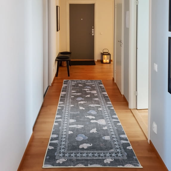 Cartoon Decorative Rug, Vintage Air Planes Hot Air Balloons Flying Happy Animal Clouds and Stars, Quality Carpet for Bedroom Dorm and Living Room, 6 Sizes, Blue Grey, by Ambesonne