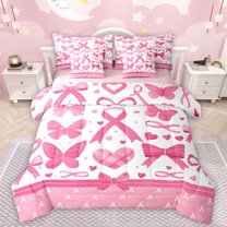Manfei Cute Cartoon Bowtie 7-Piece Twin Bedding Sets,Butterflies Loves Pattern Bedding Comforter Set,Pink White Sheet Sets For Girls Kids,Microfiber Bedroom Decor Reversible