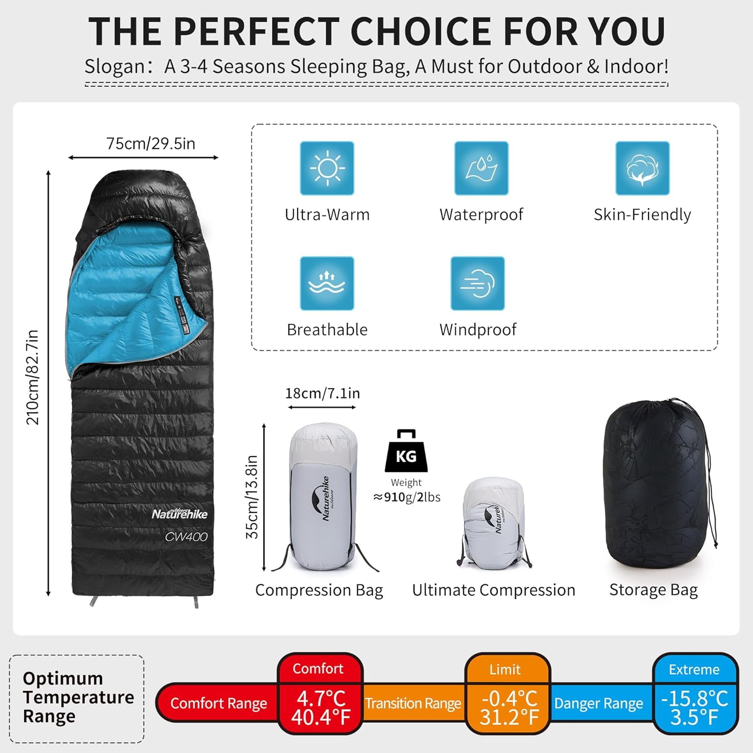 Naturehike Ultralight Down Sleeping Bag, 650FP Backpacking Sleeping Bag for Adults