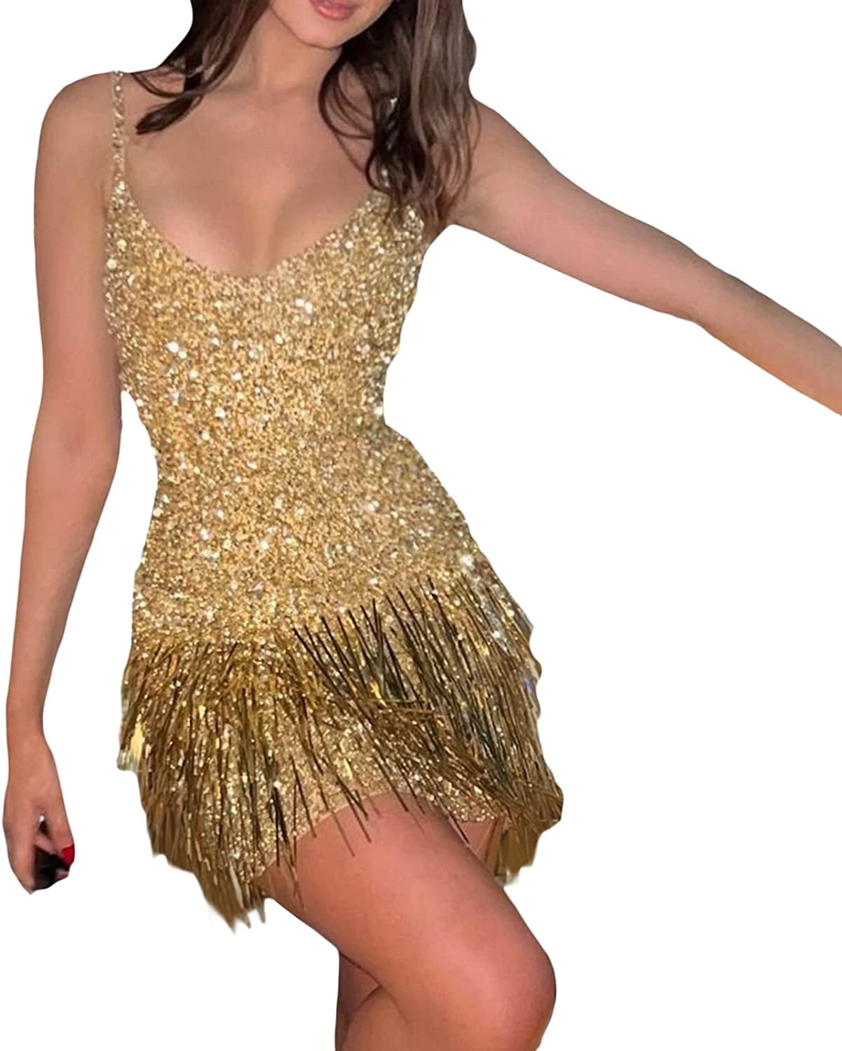 Qleicom Fringe Tank Dress for Women Sleeveless Sparkle Sequin
