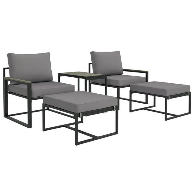 Outsunny Ensemble de Mobilier de Patio 5 Pcs avec Ottomans, Coussins, Gris