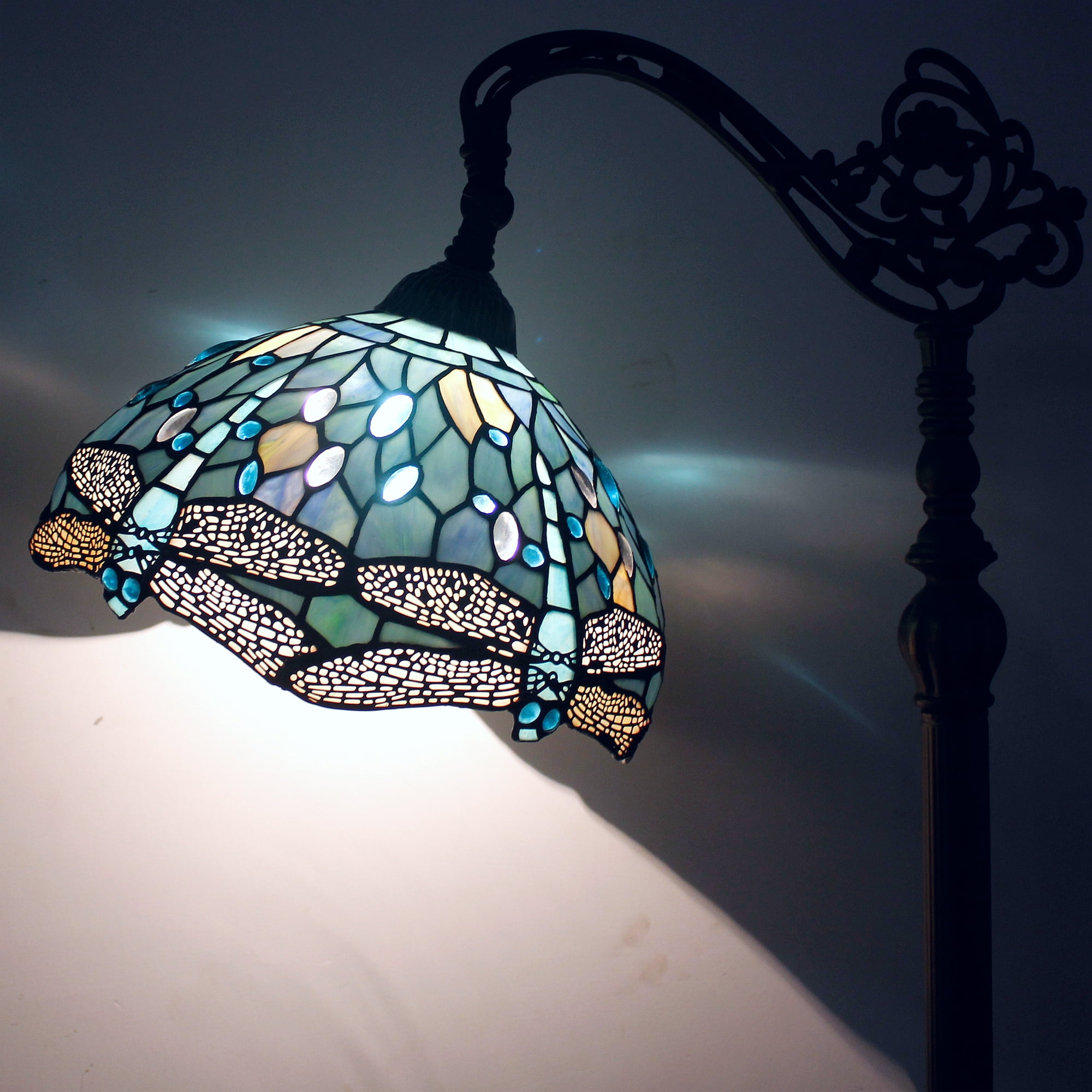 WERFACTORY 64" Victorian Bronze Antique Floor Lamp with Stained Glass Multicolor Dragonfly Bowl