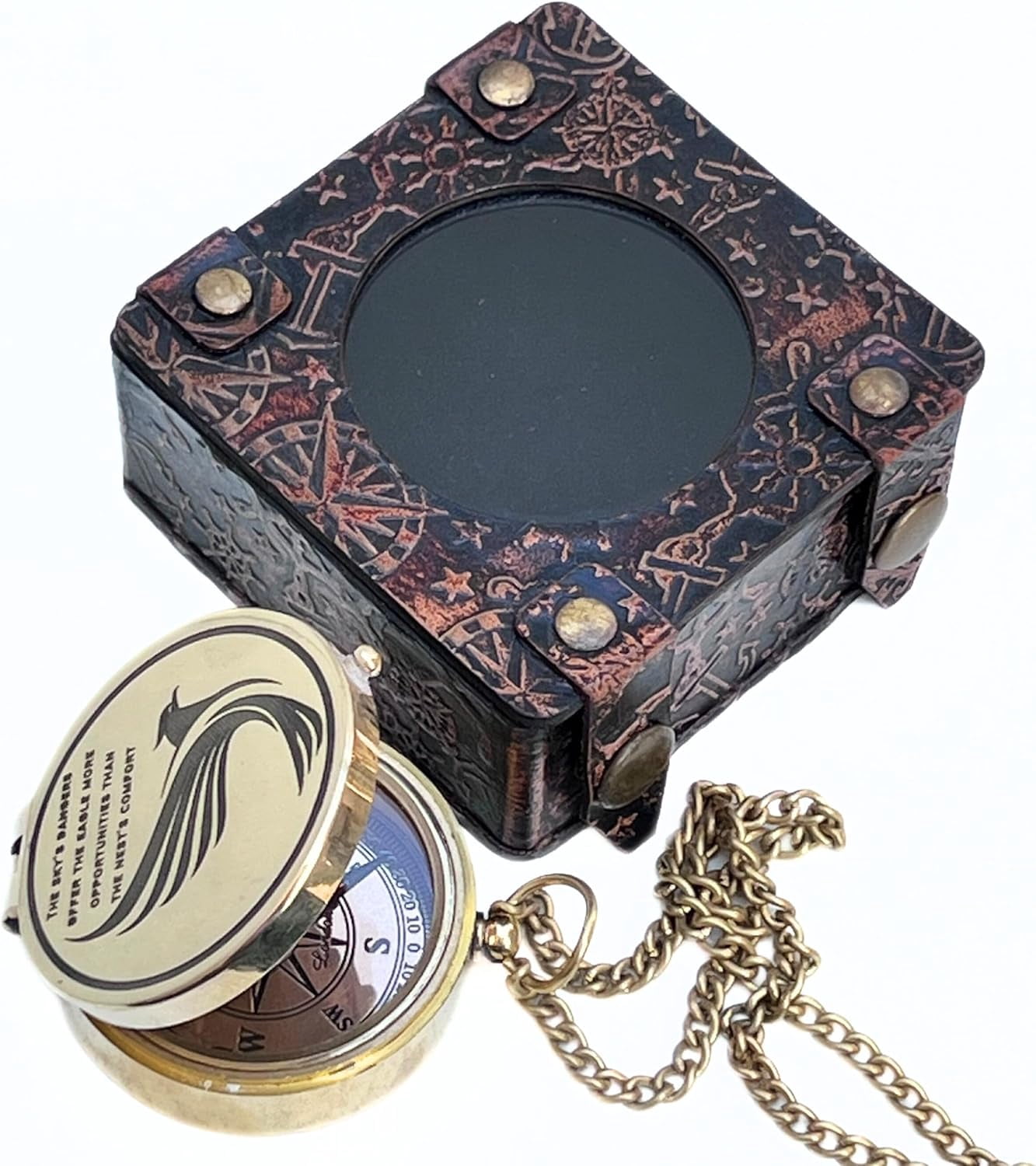 Shiny Brass Pocket Compass Engraved Flying Eagle with Quotes for Camping Hiking Travelling Magnetic Navigational Instrument Directional Device Collectible Item