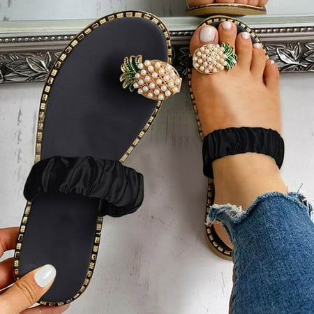 

Egmy Women Summer Sandals Ladies Pineapple Sandals Clip Toe Flip Flops Boho Casual Slippers Beach Shoes Black 42