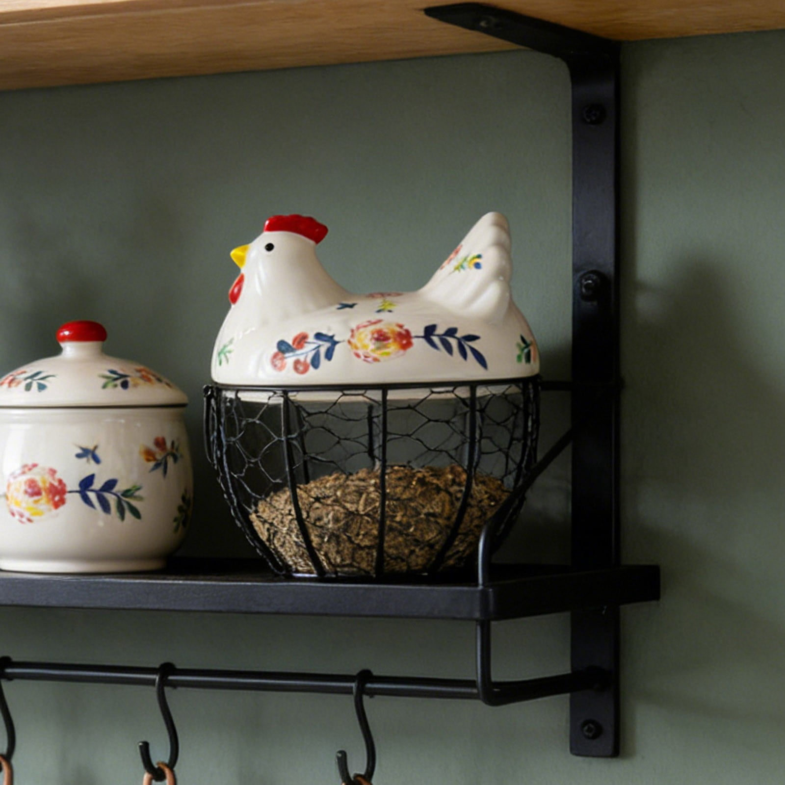 Farmhouse Egg Basket with Ceramic Lid, Black Wire Egg Holder for Fresh Eggs, Decorative Chicken Design Egg Storage Container, Kitchen Countertop Organizer Case for Eggs