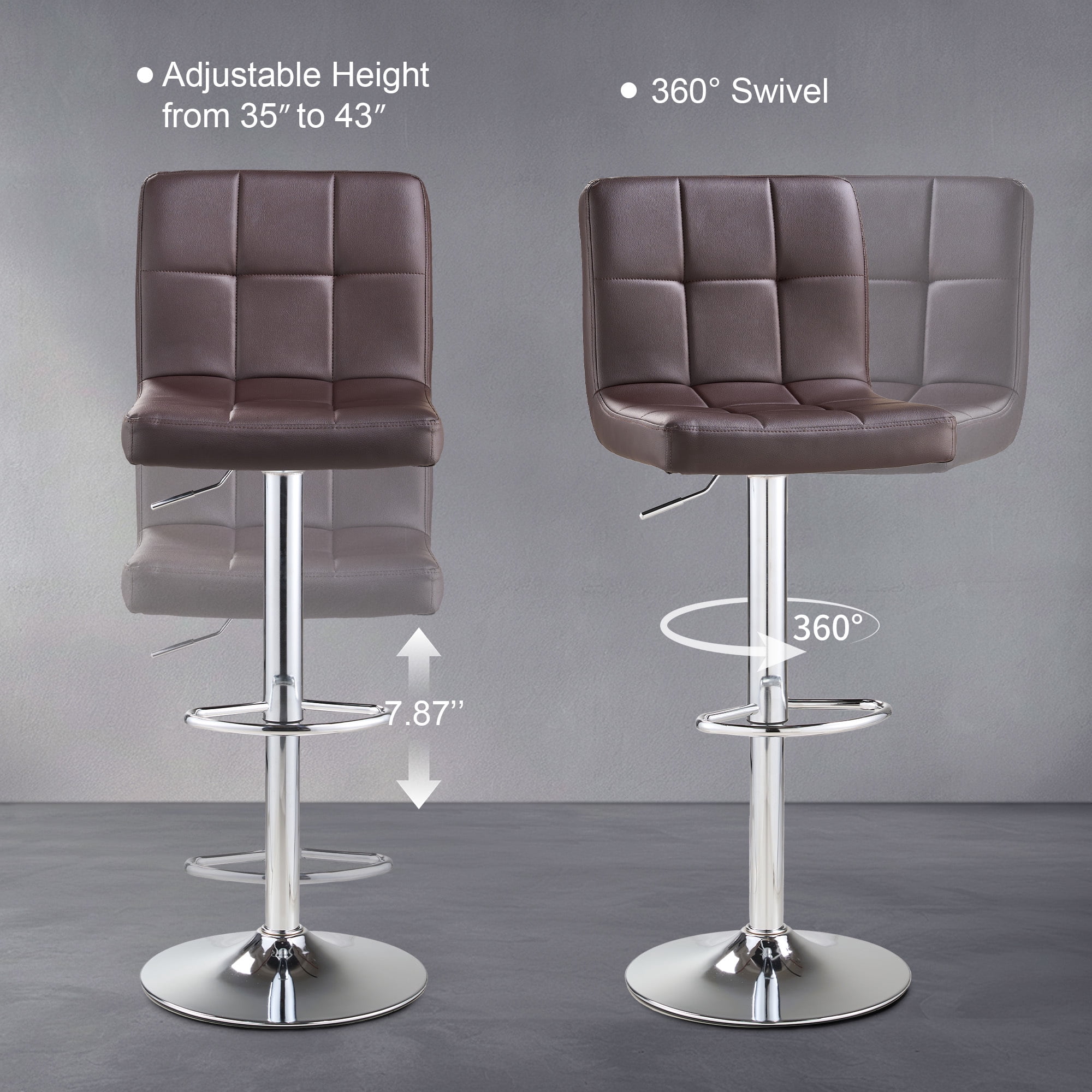 AUNEKIV Bar Stools Set of 2, Thickened Seat Cushion Square Swivel Bar Stools with Back, Adjustable Counter Height Bar Chairs for Kitchen Island, Dining Room, Darkbrown